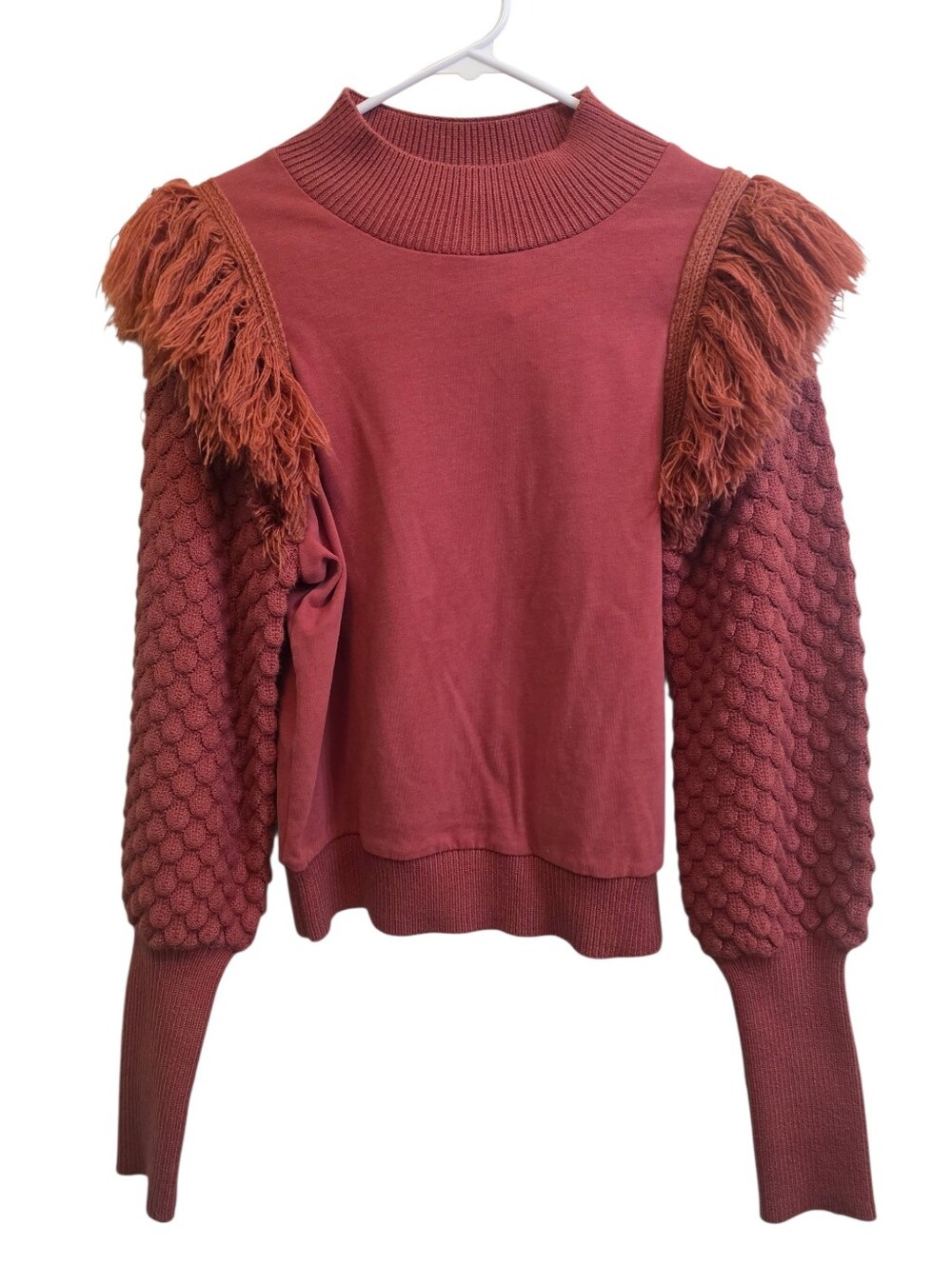 Anthropologie DOLAN Fringed Mockneck Bubble Sleeve Pullover Sweater EUC Sz S